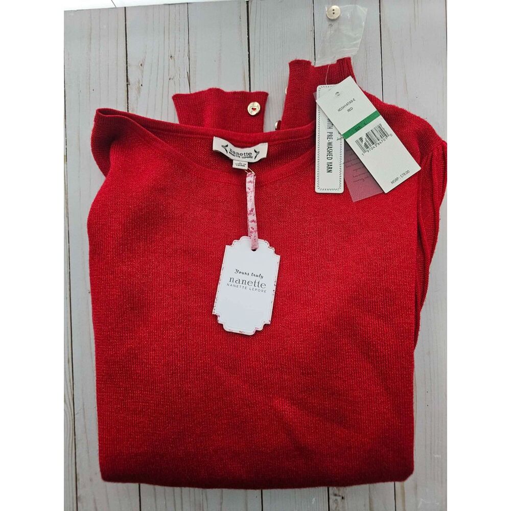 NWT Nanette Lepore Women’s L Red Lurex Shimmer Knit Sweater Gold Button Detail